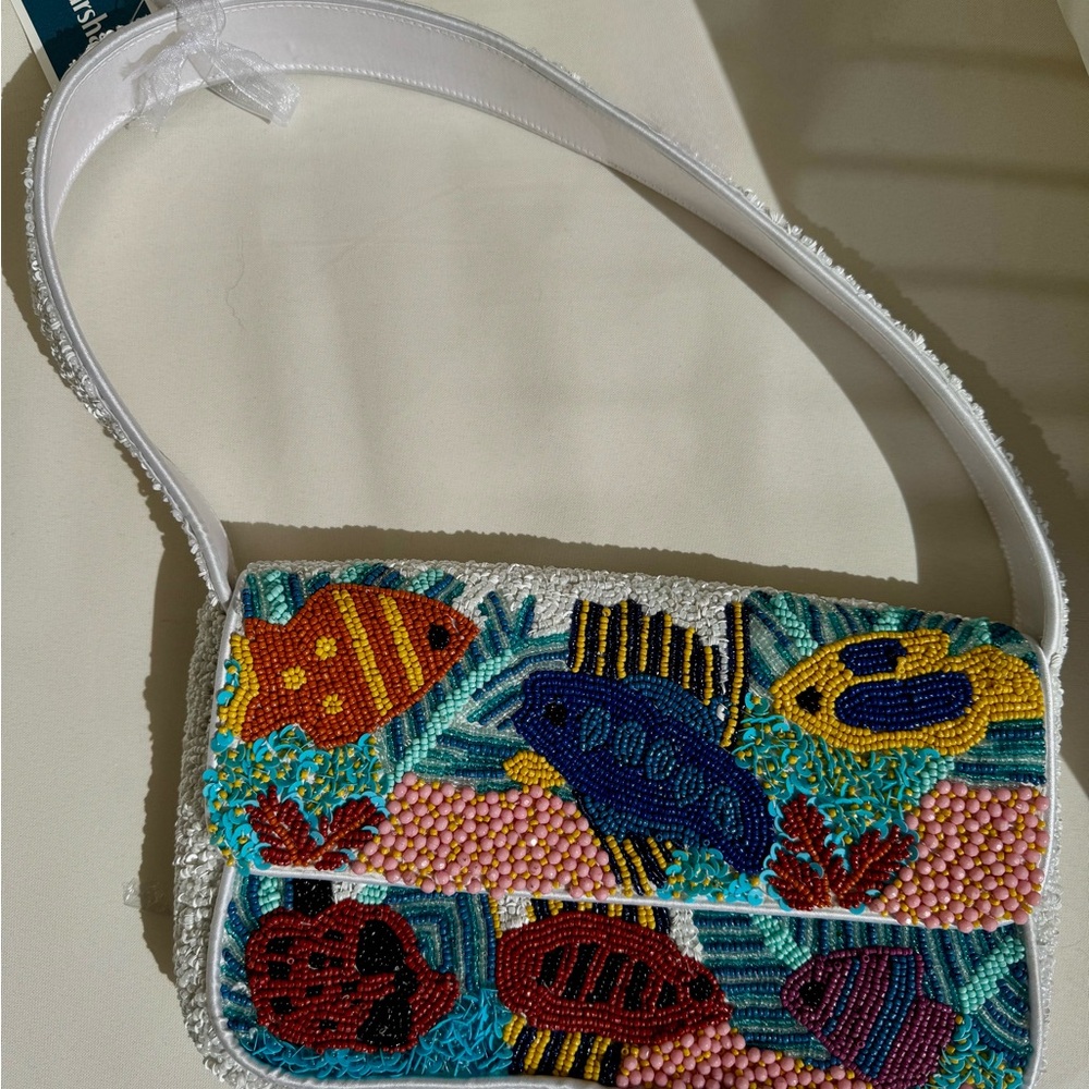 Marshalls White Beaded Fish Shoulder Bag